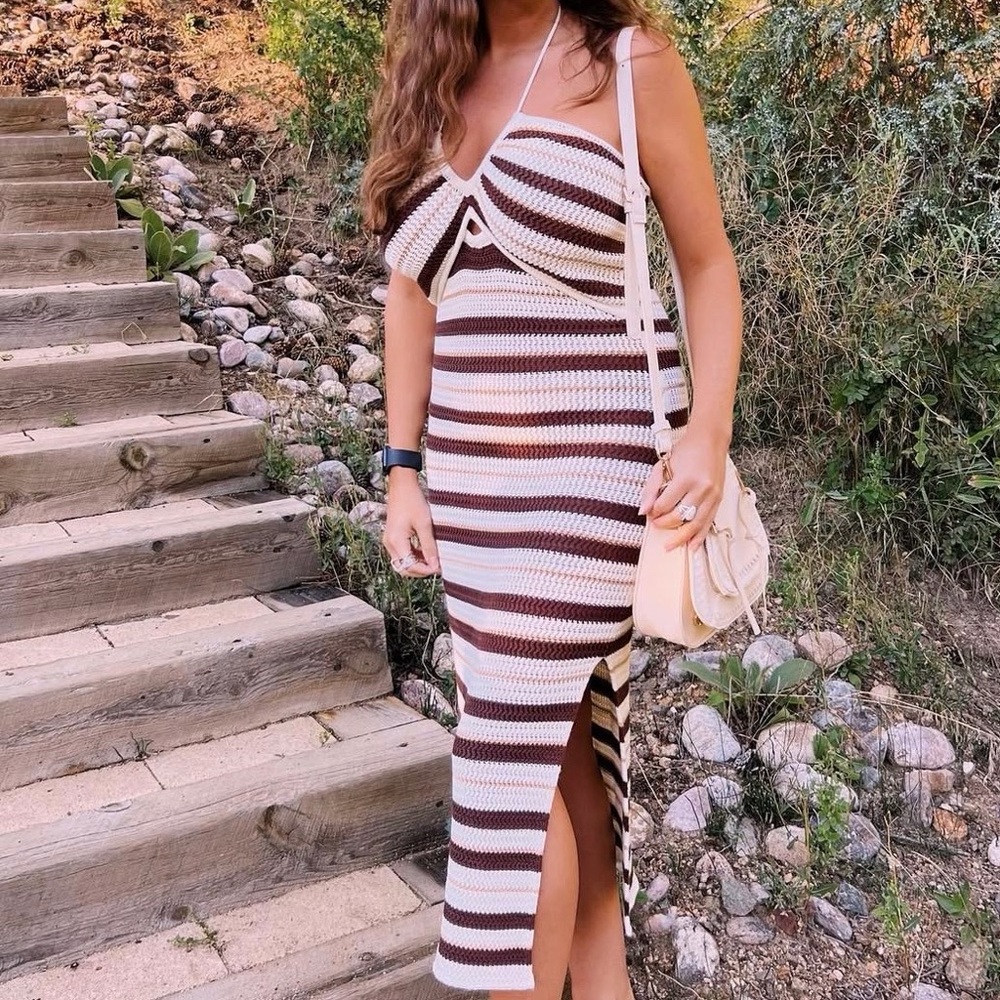 Chic Striped Midi Dress in Cream and Brown